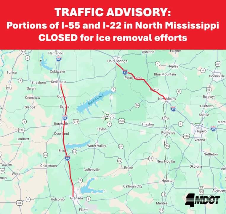 MDOT closes I-55, I-22 lanes for ice removal