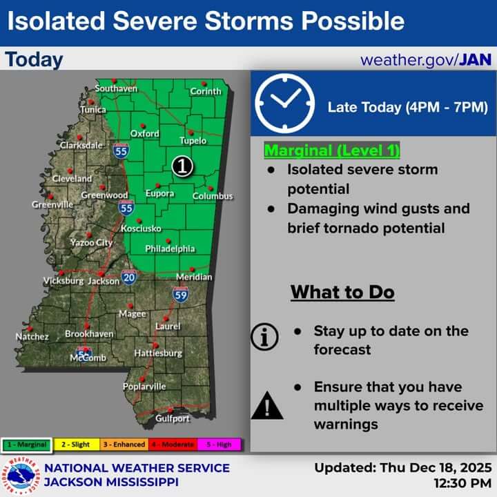 Marginal risk for severe storms in northeastern state late today