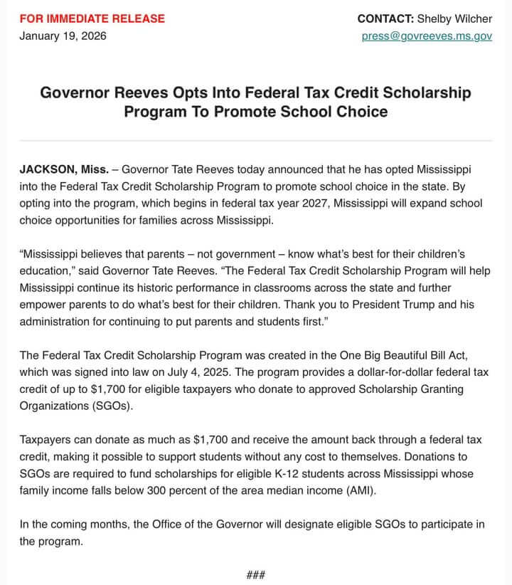 Mississippi opts into federal tax credit scholarship program