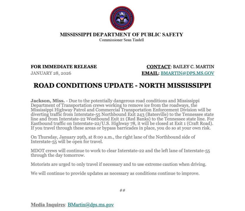 Authorities divert traffic on I-55, I-22 ahead of ice removal