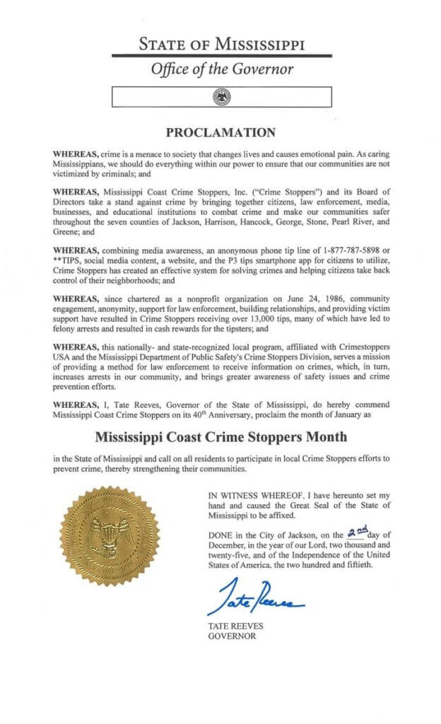Mississippi Coast Crime Stoppers Month Celebrated in January