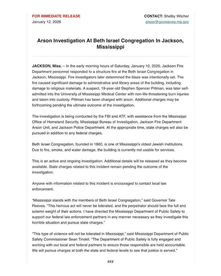 Mississippi Supports Beth Israel Congregation After Hate Crime