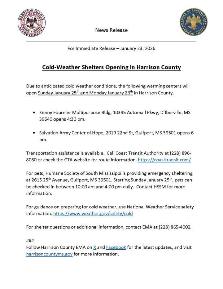 Facebook post announces cold weather shelters