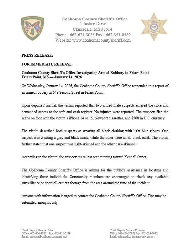 Coahoma County Sheriff's Office issues public safety post