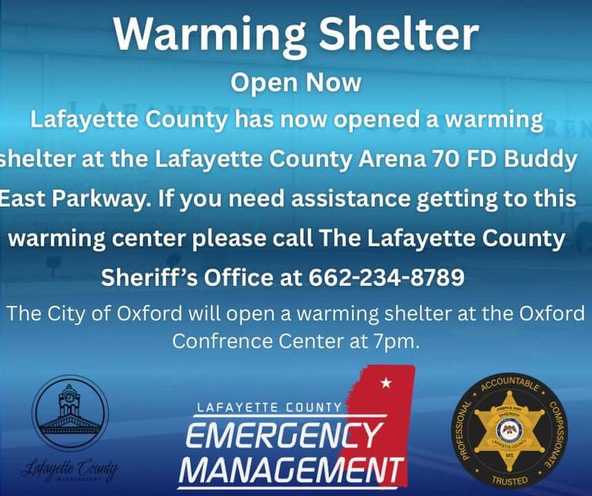 Lafayette County opens warming shelter; Oxford to open at 7 p.m.