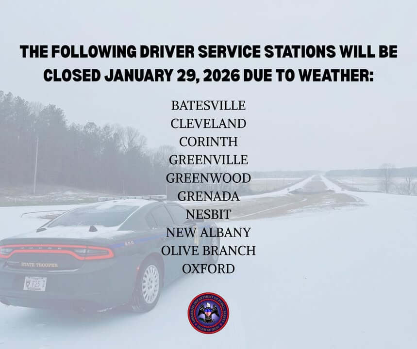 Driver Service Bureau closes North Mississippi offices Jan. 29 due to winter weather