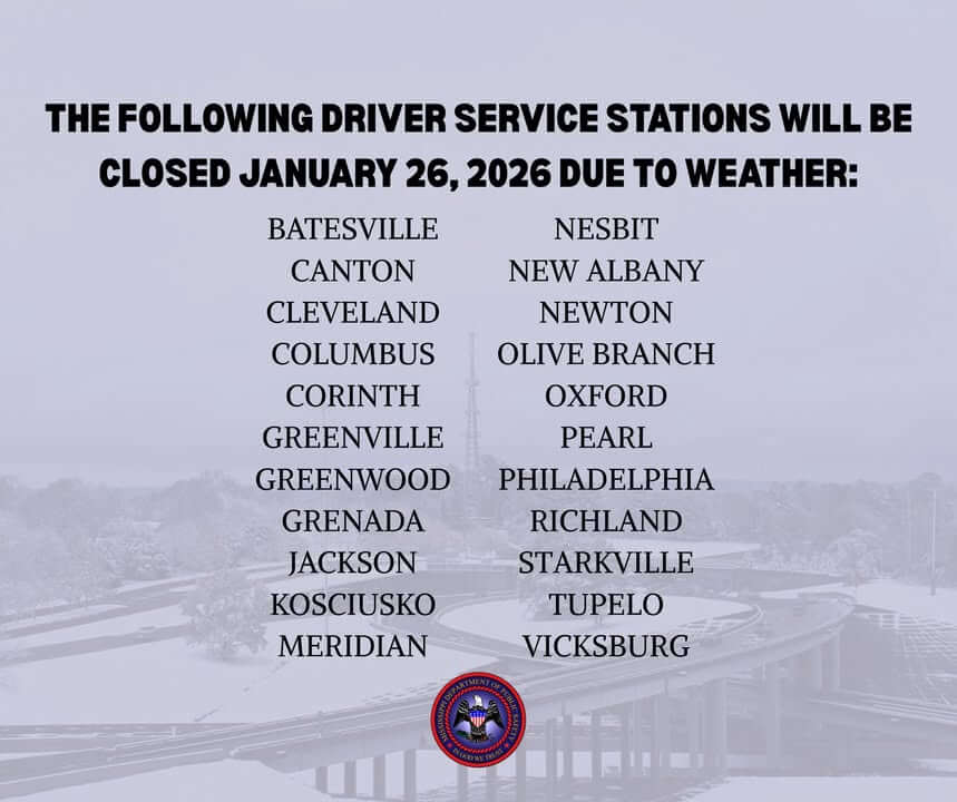 Mississippi closes northern, central driver services stations; southern locations delay opening