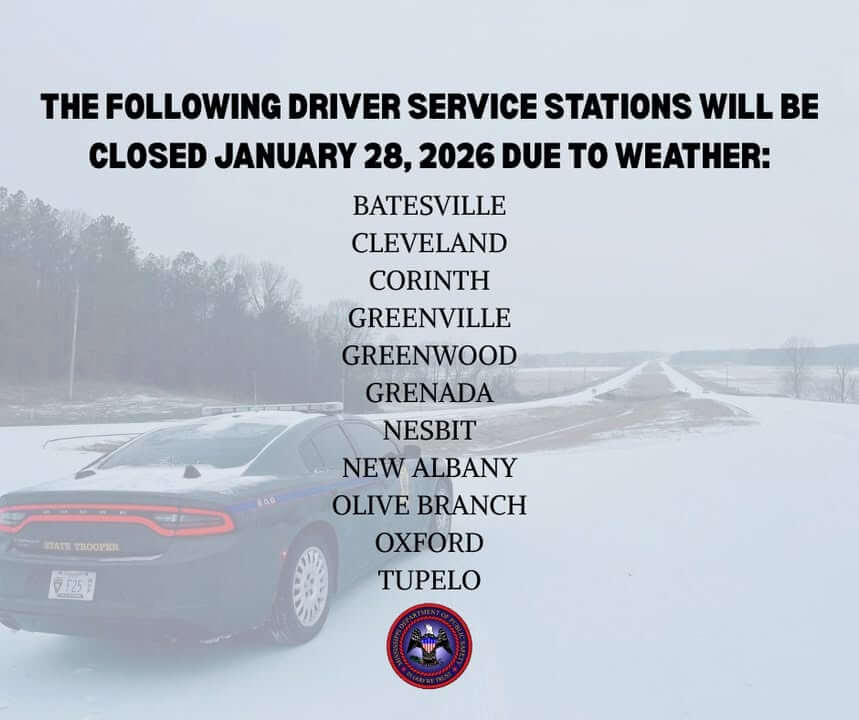 Driver Service Bureau closes North Mississippi locations Jan. 28 due to winter weather