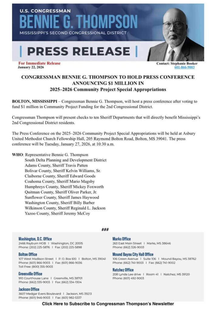 Press conference to announce $1M community funding for Mississippi 2nd District