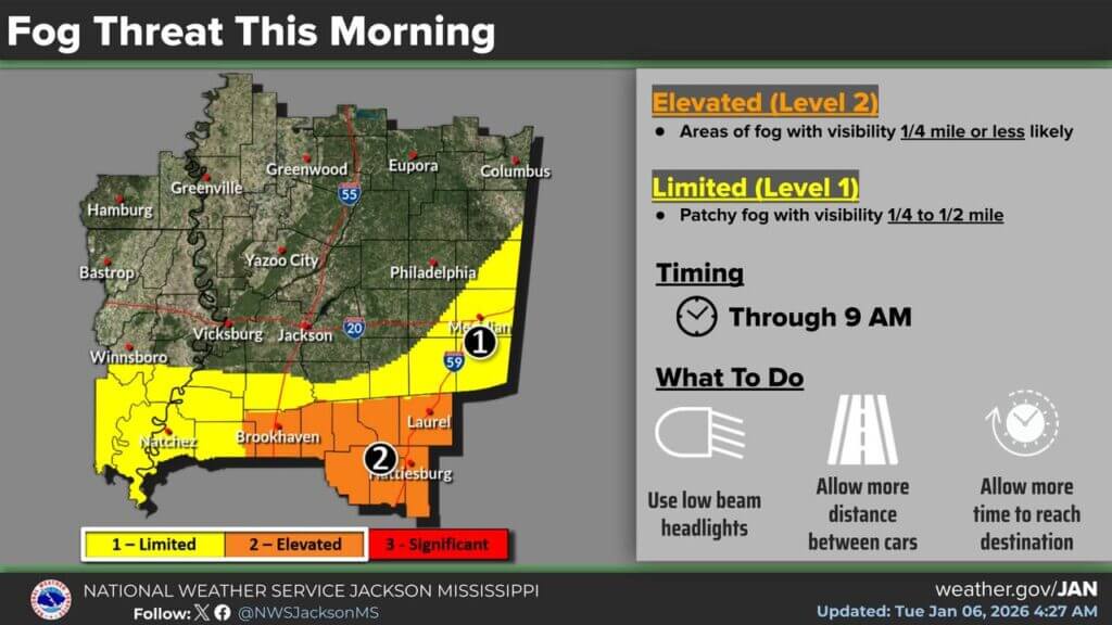 Dense fog continues across parts of southern Mississippi and central Louisiana