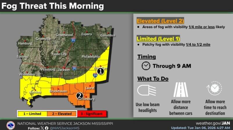 Dense fog continues across parts of southern Mississippi and central Louisiana