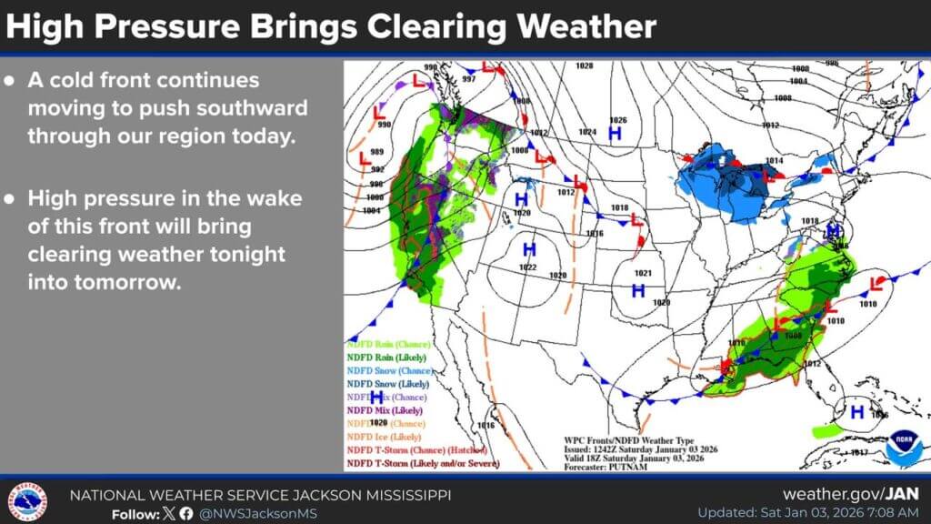 Cold front moves southward through region, clearing expected tonight
