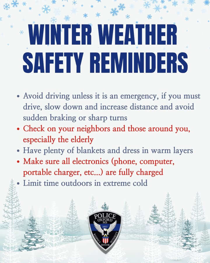 Oxford Police warn of possible winter weather, urge caution on roads