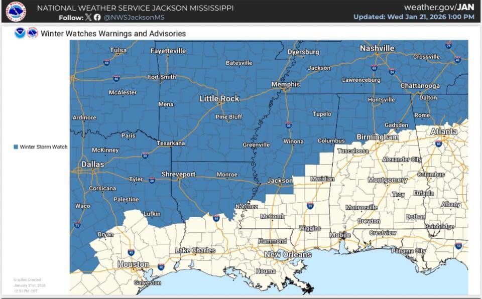 Winter storm watch affects parts of Arkansas, Louisiana, Mississippi