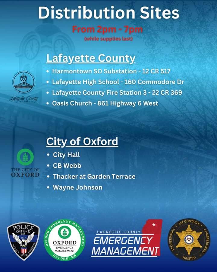 Officials distribute MREs, water at Lafayette County and Oxford sites