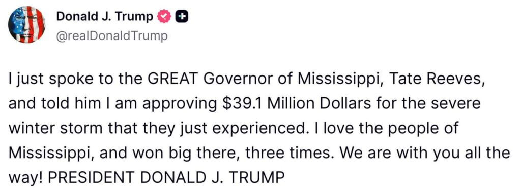 Trump approves Mississippi disaster declaration, official says