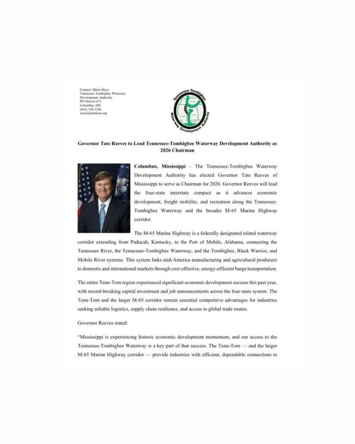 Reeves says Tenn-Tom waterway fuels Mississippi economic momentum