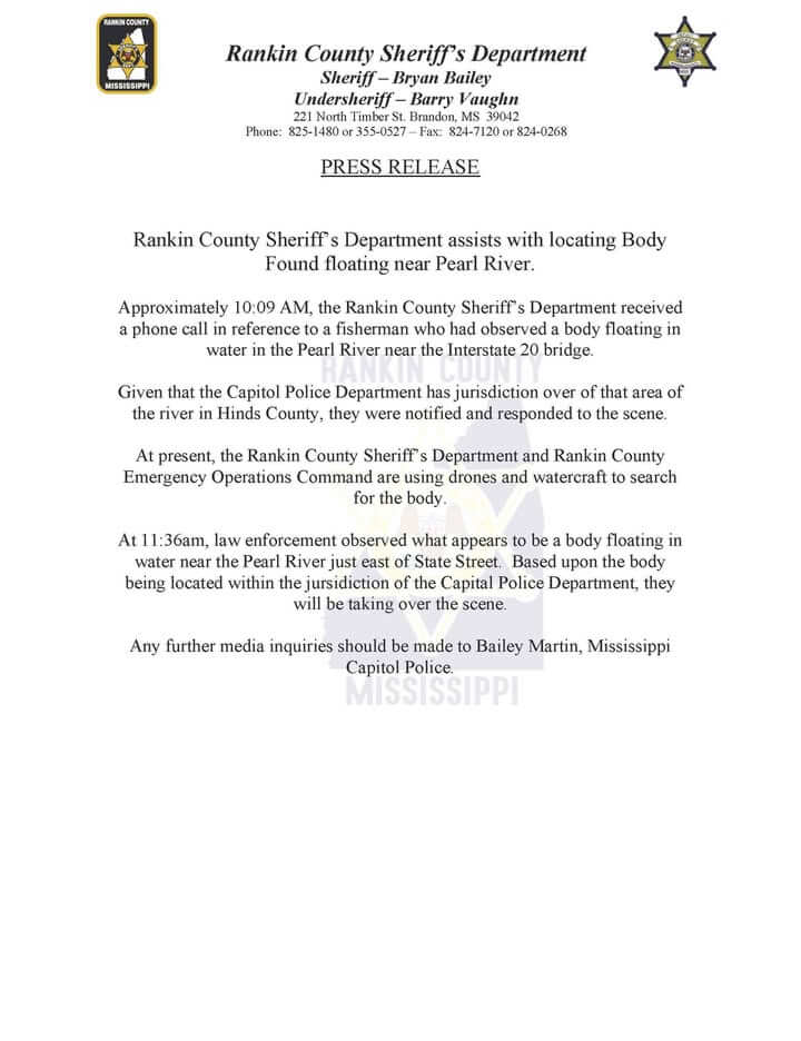 Rankin County deputies assist locating body near Pearl River