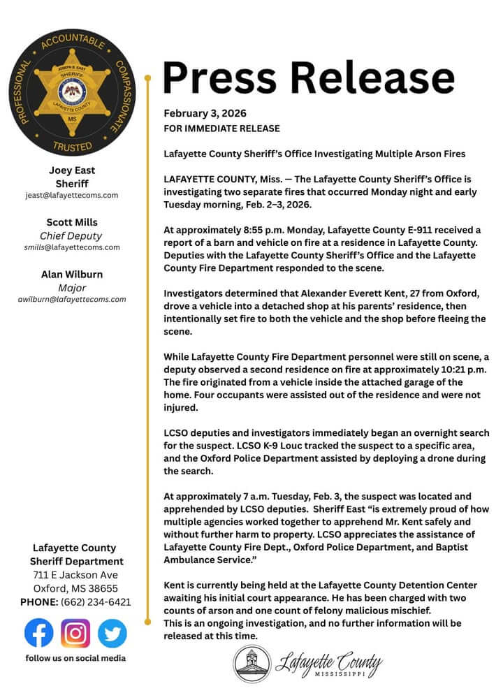 Oxford man arrested after setting two Lafayette County fires