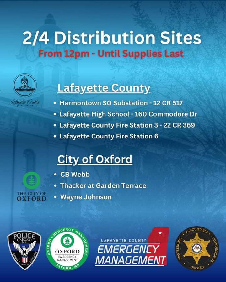 Officials distribute water, MREs at Lafayette County, Oxford sites