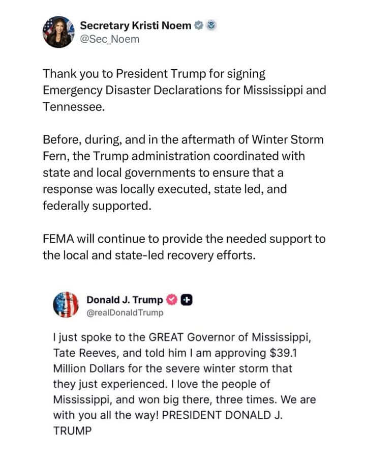 Facebook post thanks Trump, Noem for work on behalf of Mississippi