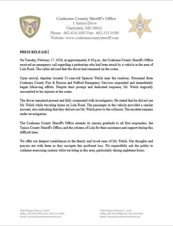 Coahoma County Sheriff's Office posts brief Facebook update