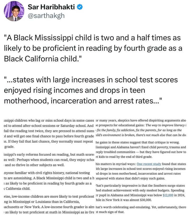Post claims Black Mississippi children 2 1/2 times more likely proficient in fourth-grade reading than California peers
