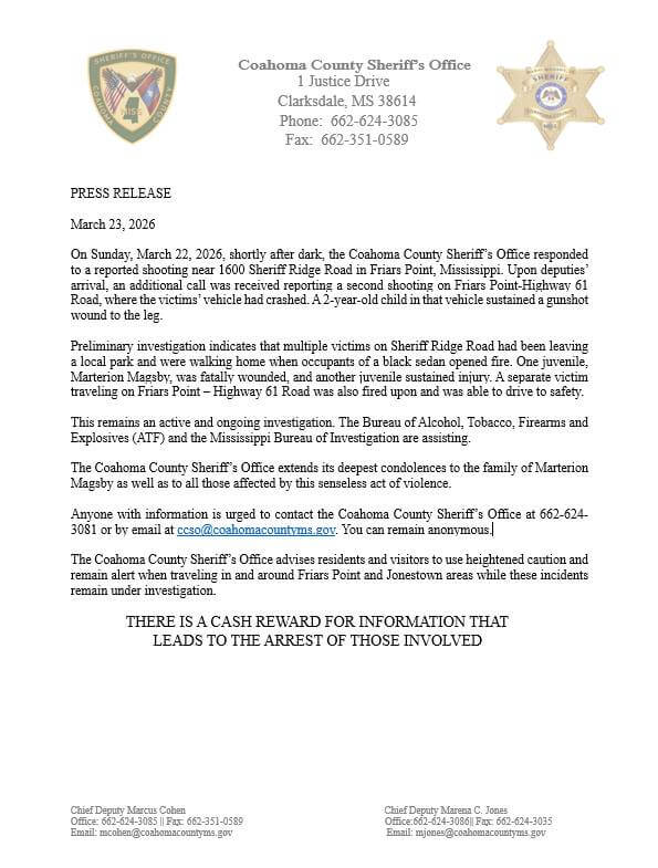 Coahoma County Sheriff's Office posts notice on Facebook