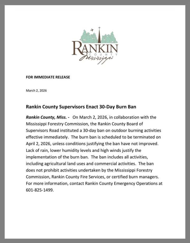 Rankin County issues burn ban