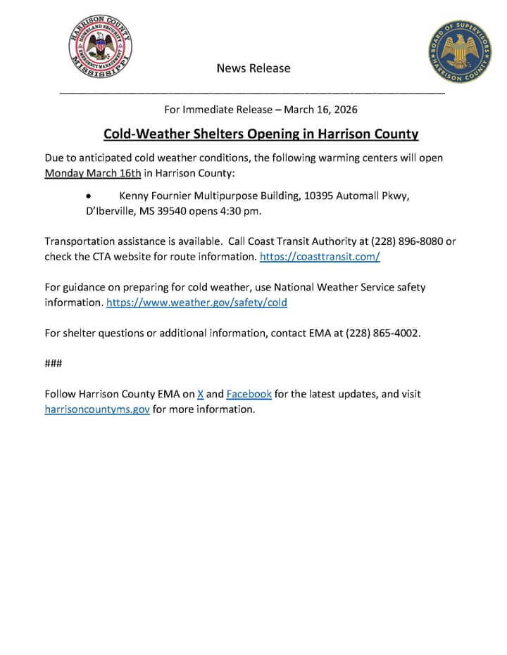Harrison County opens cold-weather shelters Monday
