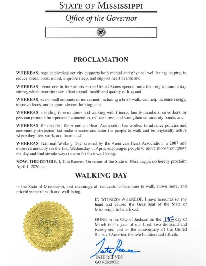 Mississippi proclaims Walking Day to back American Heart Association