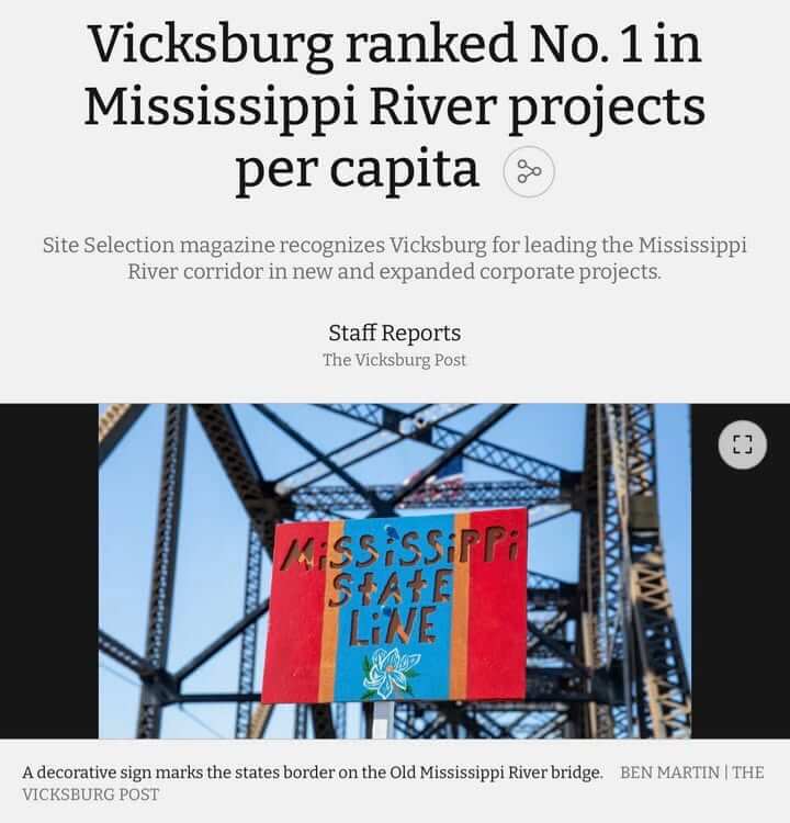 Vicksburg ranks No. 1 among Mississippi River communities