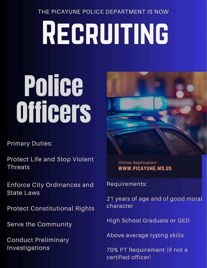Picayune police open applications for officers, community service officers