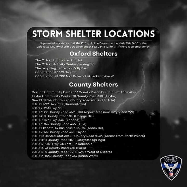 Oxford lists storm shelter locations