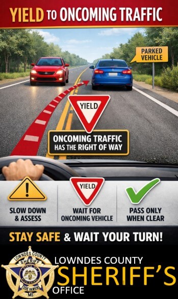 Drivers yield to oncoming traffic when passing parked car