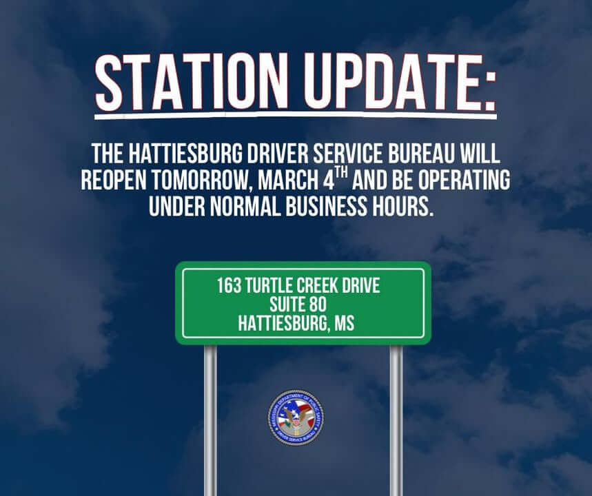 Hattiesburg driver service bureau reopens March 4