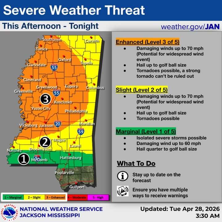 Severe storms threaten parts of Mississippi; tornado possible