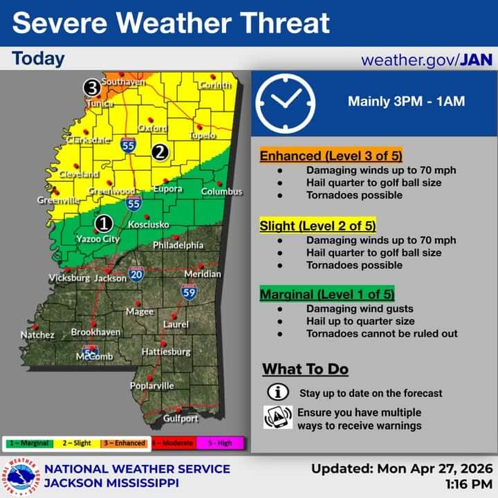 National Weather Service issues enhanced severe weather risk for northern Mississippi