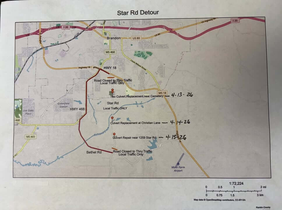 Star Road closes for culvert replacements between Bethel Road and MS Highway 18