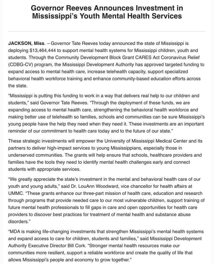 Mississippi deploys $13.4M to bolster mental health services for youth