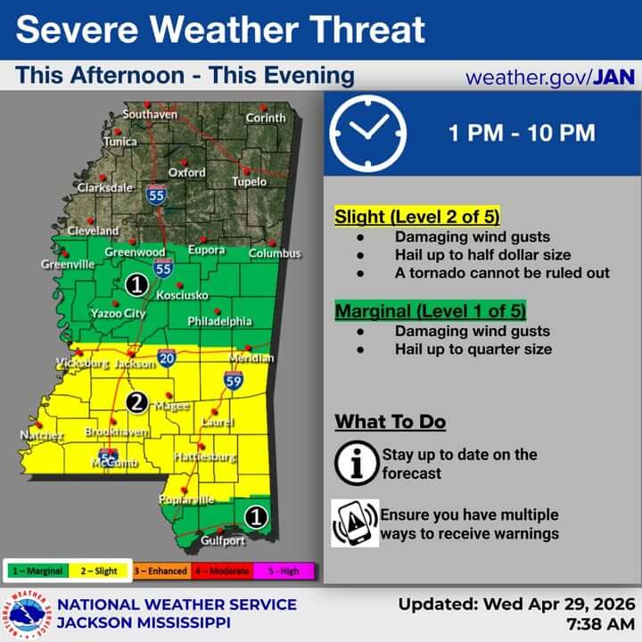 Slight severe storm risk threatens parts of Mississippi