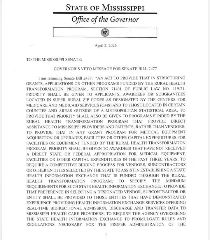 Reeves vetoes bill, cites risk to rural health funding