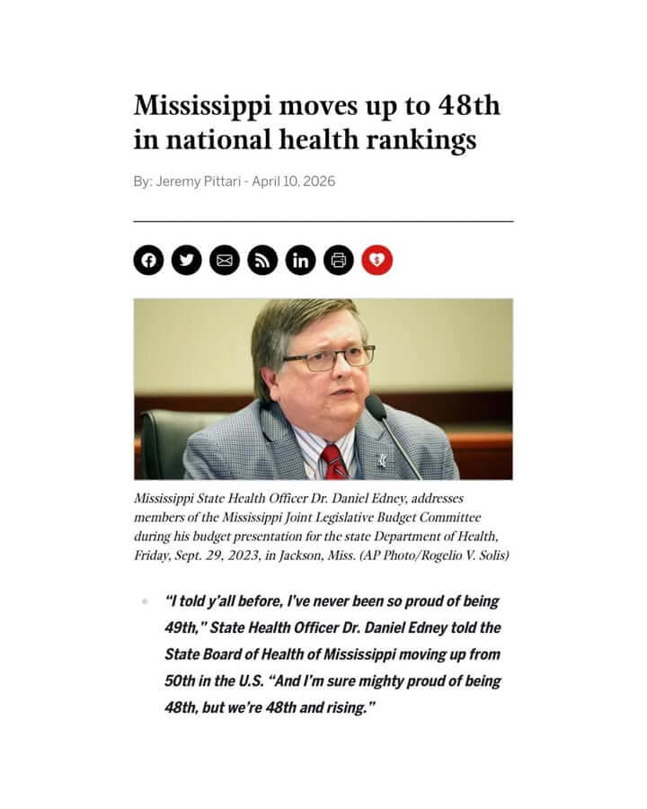 Reeves says Mississippi rises to 48th in health rankings