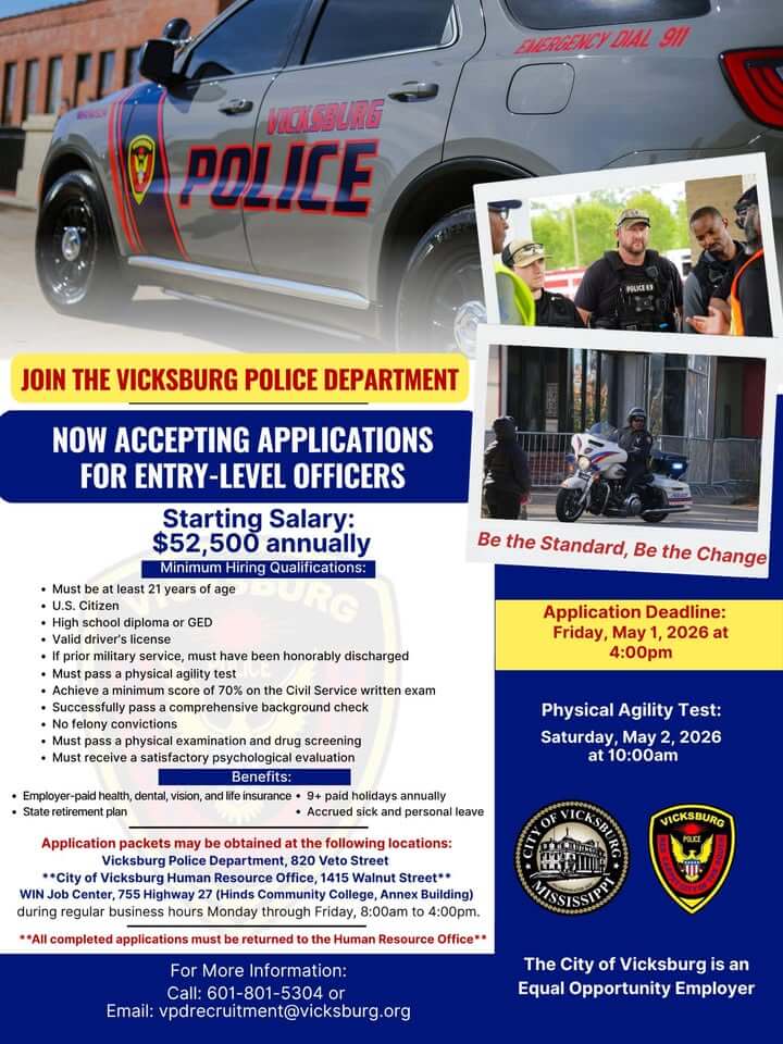 Vicksburg Police Department seeks entry-level officers