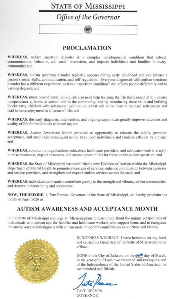 Reeves proclaims April Autism Awareness and Acceptance Month
