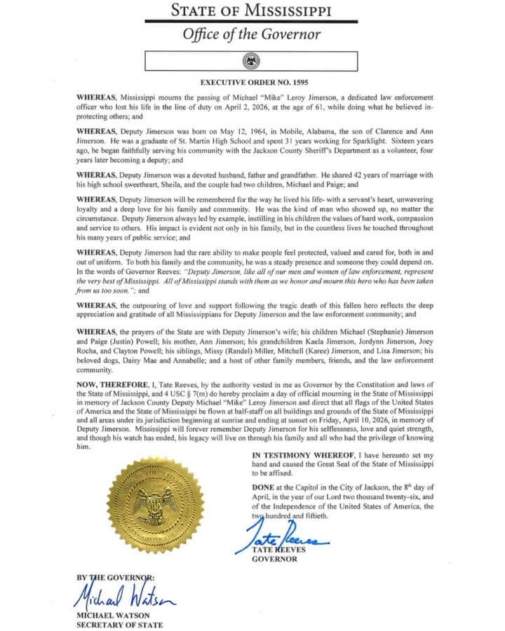 Mississippi honors Deputy Jimerson, flies flags at half-staff Friday