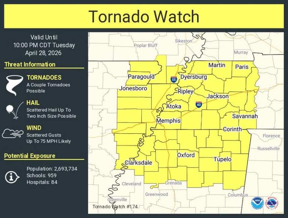 Facebook post says watch canceled for Lafayette County; notes tornado watch until 10 p.m.