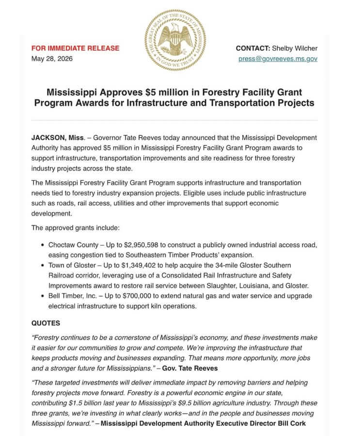 Mississippi invests $5M in infrastructure for three forestry projects