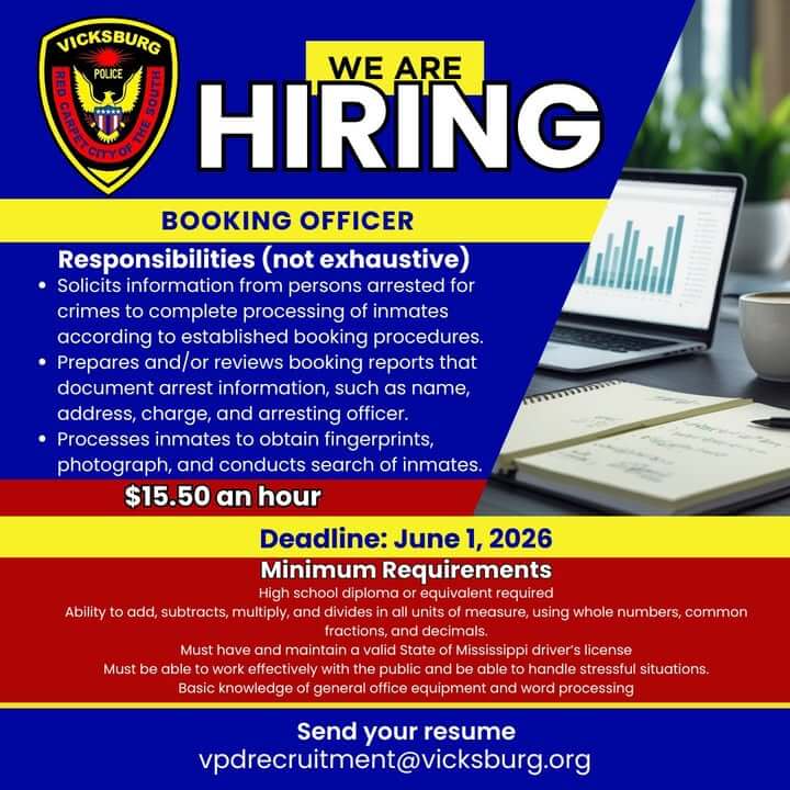 Vicksburg Police Department seeks booking officer applicants