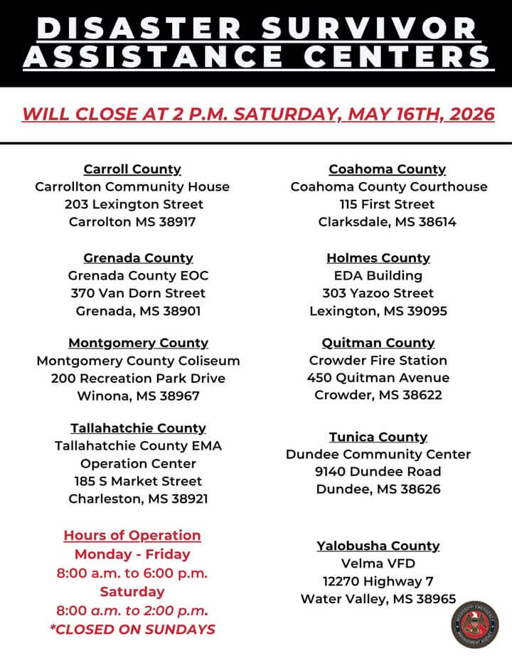 Mississippi adjusts schedule for disaster assistance centers